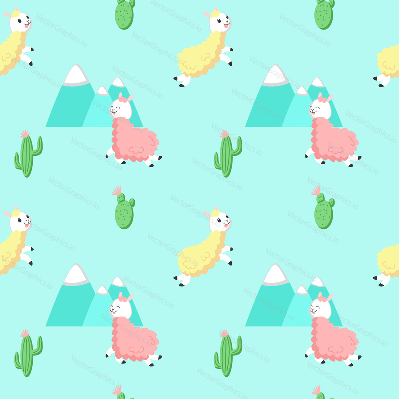Cute alpacas with cactuses and mountains vector seamless pattern. Creative design for fabric, textile, wallpaper, wrapping paper.