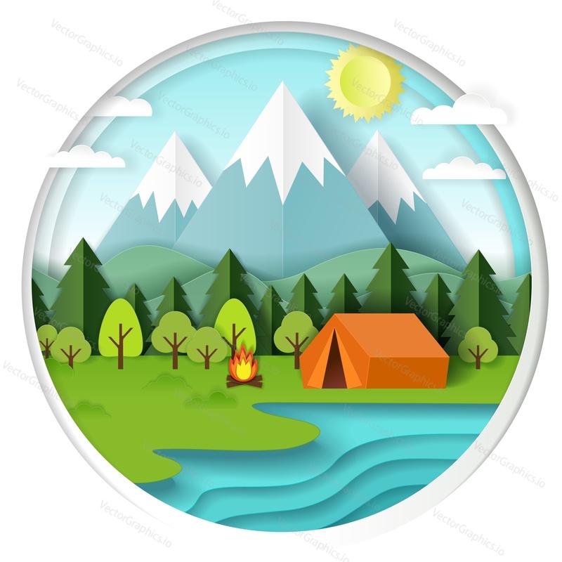 Summer camping background in circle with forest, mountains, lake, campfire and tent. Vector illustration in paper art style.
