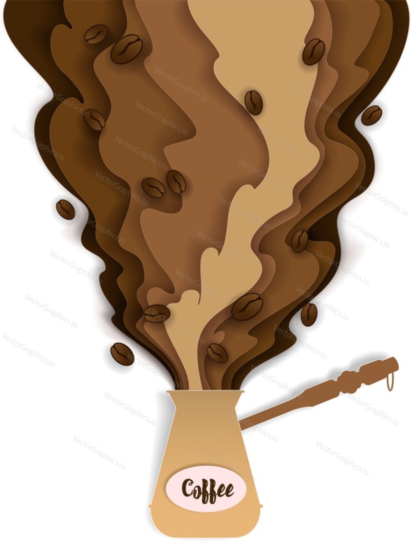 Vector paper cut turkish coffee pot with coffee lettering, aromatic coffee steam and beans. Trendy coffee concept design element for banner, flyer, poster etc.