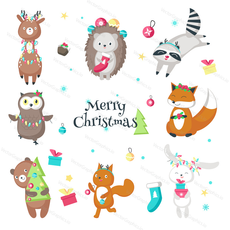 Christmas animals. Vector illustration isolated on white background. Cute raccoon hedgehog deer owl rabbit fox squirrel and bear with christmas decorations for greeting card, sticker, print.