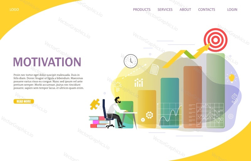 Motivation landing page website template. Vector illustration of businessman looking at increasing bar graph with arrow leading to target business goal. Inspiration concept.