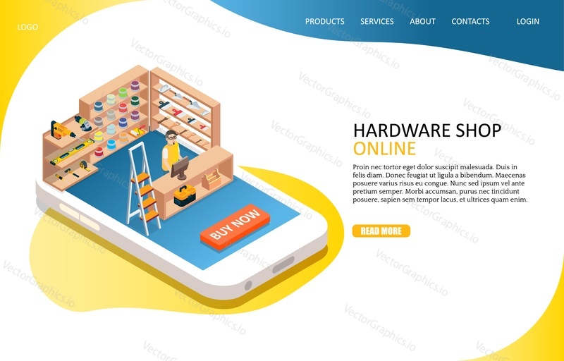 Hardware online shop landing page website template. Vector isometric smartphone with tools shop and salesman. Online shopping, e-commerce concept.
