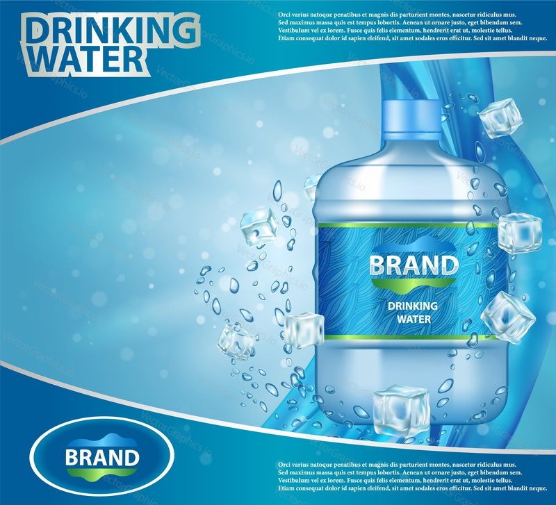Drinking cooler water ad vector realistic illustration. Plastic clean water bottle with label on blue background with bubbles and ice cubes.