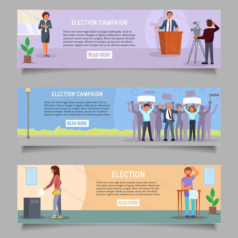 Набор шаблонов веб-баннера для голосования. Векторная плоская иллюстрация людей, вовлеченных в избирательный процесс. Предвыборная кампания, заявление кандидата, агитация, пикетирование и голосование на избирательном участке.