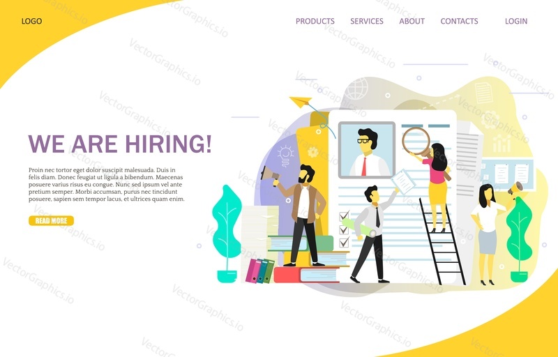 We are hiring landing page website template. Vector flat illustration. Group of people head hunters learning cv with magnifying glass, speaking through megaphones. Job offer and recruitment concept.