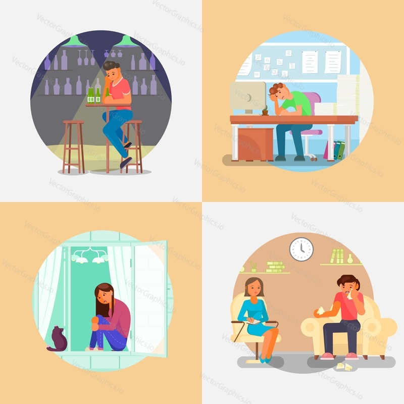 Depressed people. Vector flat illustration. Sad unhappy and lonely young men office worker and teenage girl having depression. Psychologist helping people with emotional problems.
