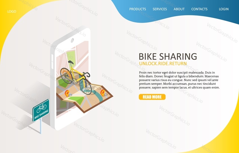 Bike sharing landing page website template. Vector isometric illustration of smartphone with map, bicycle and bike sharing sign. Bike rental app concept.