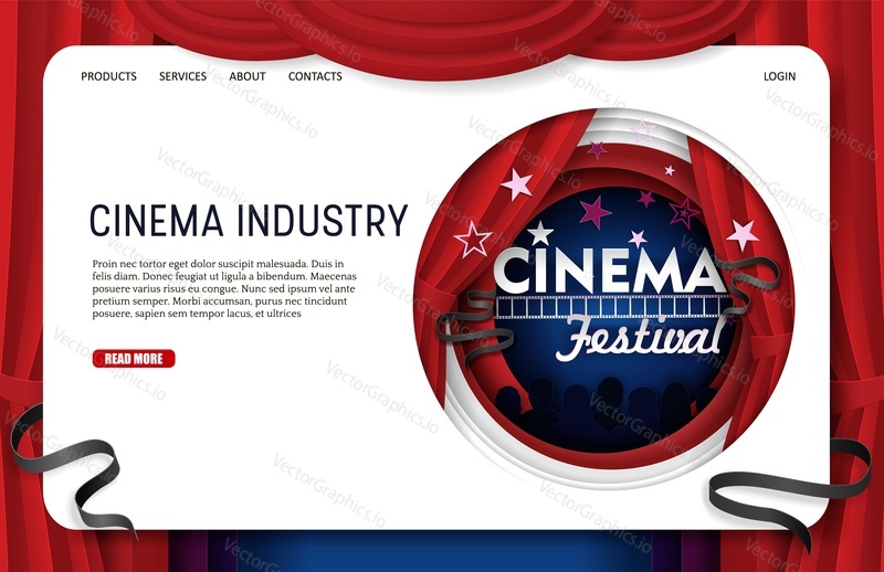 Cinema industry landing page website template. Vector paper cut cinema decorations with filmstrip, audience in circle frame. Cinematography, movie festival.