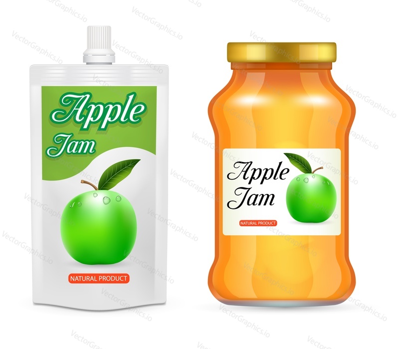 Apple jam packaging mockup set. Vector realistic illustration of glass jar and doypack plastic bag with apple jam natural product isolated on white background.