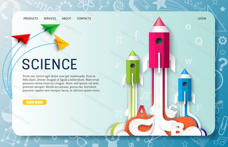 Science landing page website template. Vector paper cut creative pencil rocket launch, planes. Education startup, back to school concept.