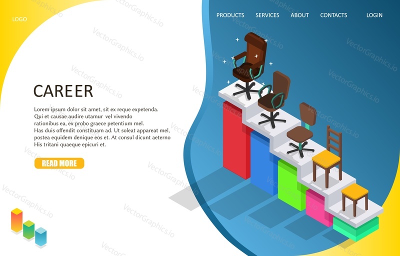 Business career landing page website template. Vector isometric illustration of career ladder with different kinds of chairs from stool to boss office chair on top