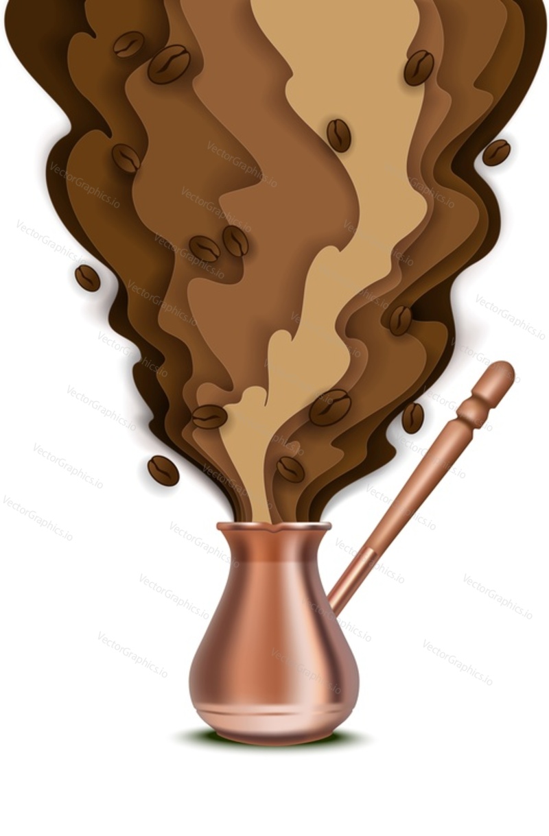 Vector paper cut cezve turkish coffee pot with aromatic coffee steam and beans. Trendy coffee concept design element for banner, flyer, poster etc.