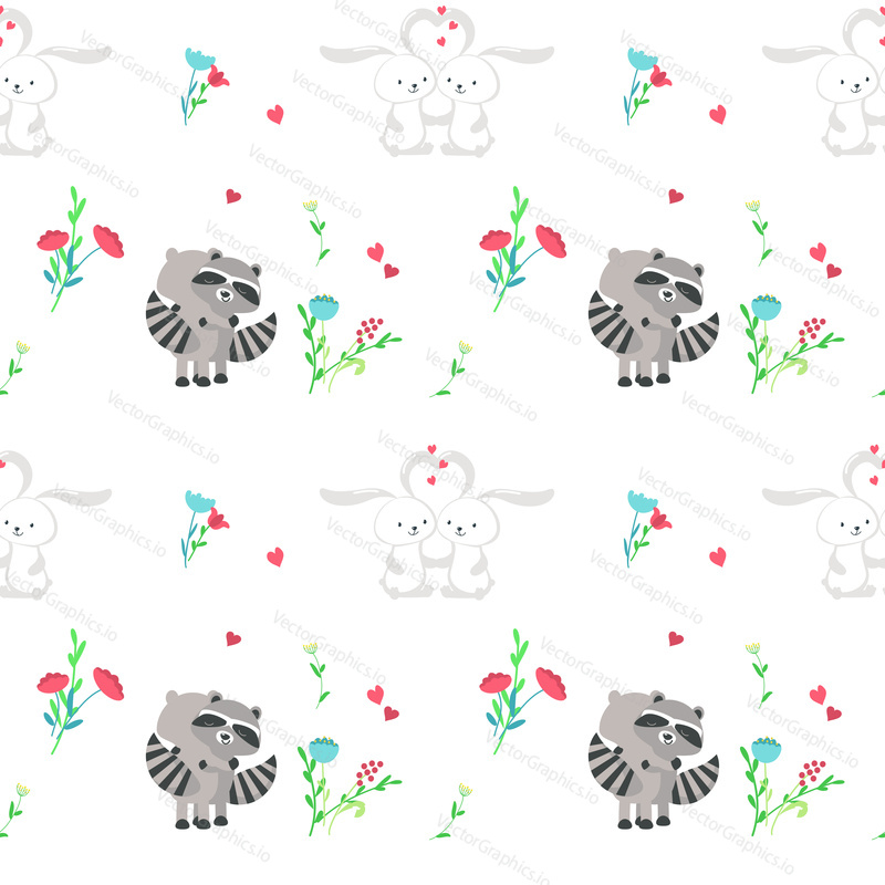 Vector seamless pattern with cute loving raccoons and bunnies. Happy romantic animals couples background, wallpaper, fabric, wrapping paper.