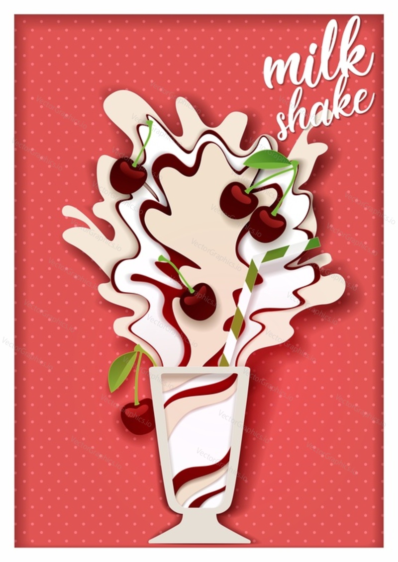 Cherry milkshake. Vector paper cut glass of whipped iced dairy drink with cherry, milk splashes design template for recipe, menu, banner, flyer, poster etc.