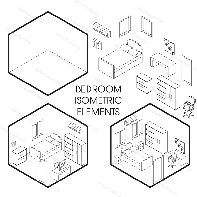 Bedroom interior creator. Vector isometric cutaway empty room and with modern furniture in linear style. Bedroom constructor.