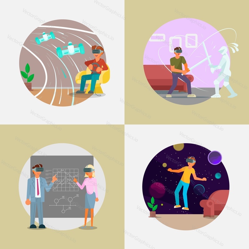 Virtual reality set vector flat illustration. People in VR headsets interacting with graphs, playing vr games driving race car, fighting with knight, flying in outer space. Virtual reality technology.