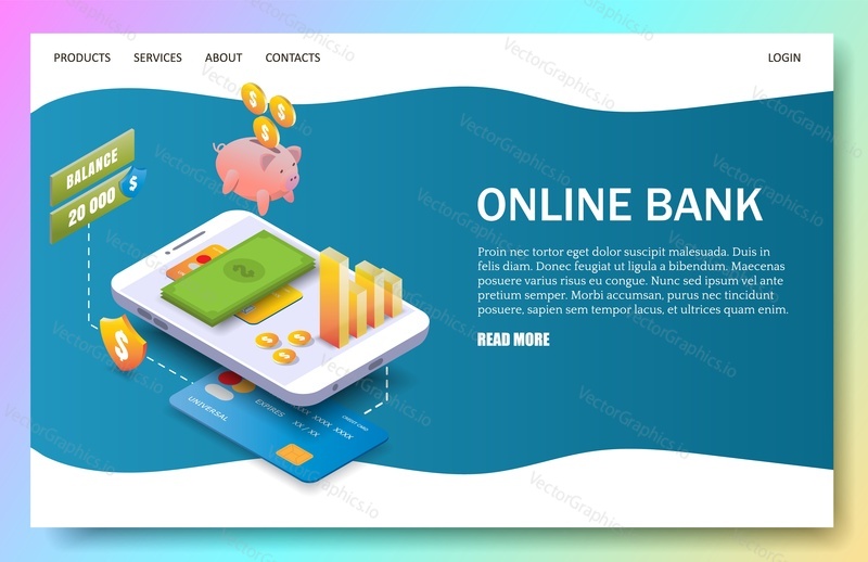 Online bank landing page website template. Vector isometric smartphone with bank app. Mobile banking and internet payments concept.