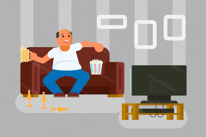 Vector illustration of cartoon man watching TV drinking beer and eating popcorn while sitting on sofa in living room. Flat style design.