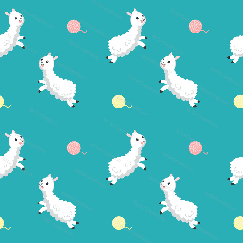 Cute white alpacas with white and pink balls of wool vector seamless pattern. Creative design for fabric, textile, wallpaper, wrapping paper.