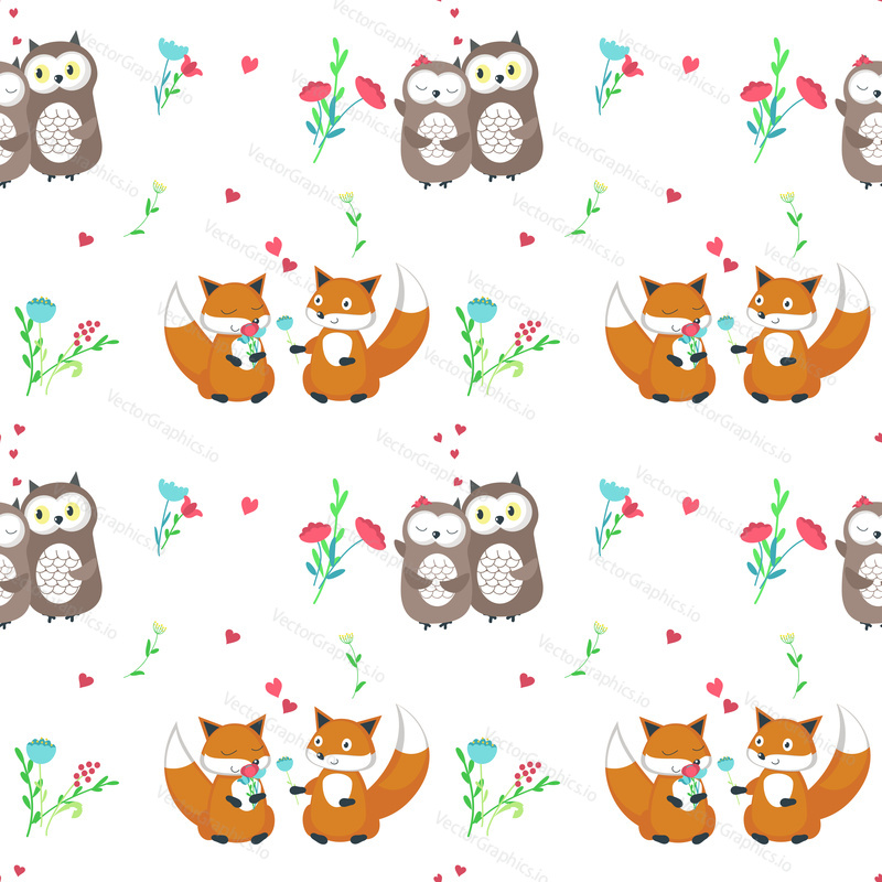 Vector seamless pattern with cute loving foxes and owls. Happy romantic animals couples background, wallpaper, fabric, wrapping paper.