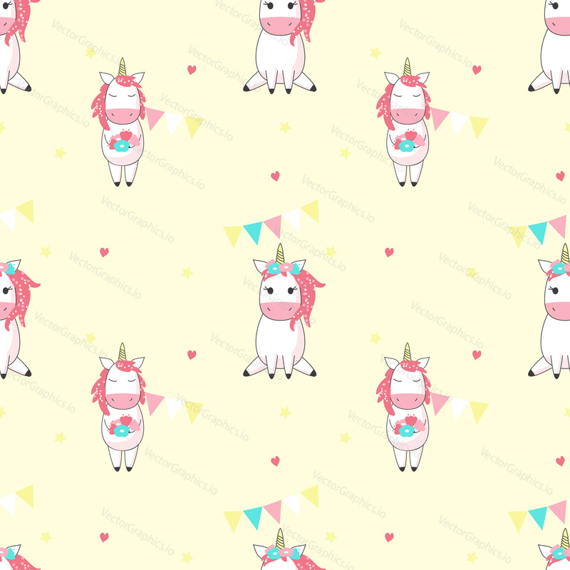 Magic unicorn seamless pattern. Vector hand drawn unicorns with hearts, stars and string flags party decorations.