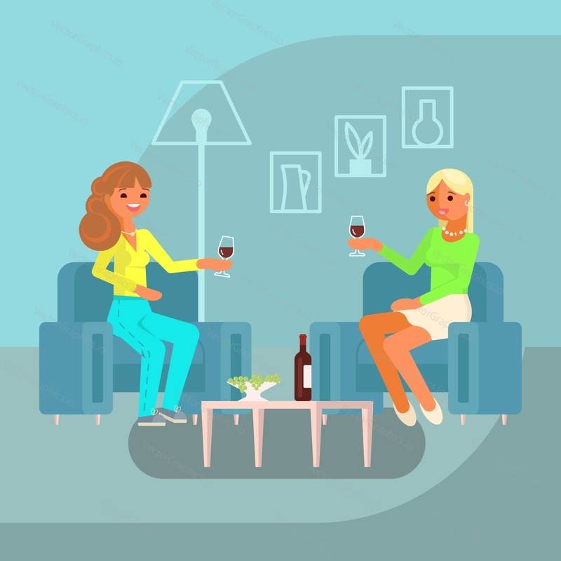 Vector illustration of two beautiful girls talking friendly and drinking red wine while sitting in armchairs. Flat style design.