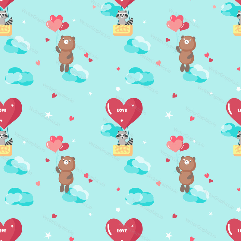 Vector seamless pattern with cute bear and raccoon in love flying on heart shaped hot air balloon and balloons. Happy romantic animals background, wallpaper, fabric, wrapping paper.