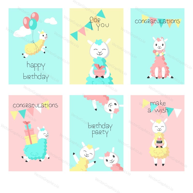 Cute alpaca birthday greeting cards. Vector hand drawn illustration. Happy birthday card templates for kids with funny color llamas holding balloons, gift boxes, cake, flowers.
