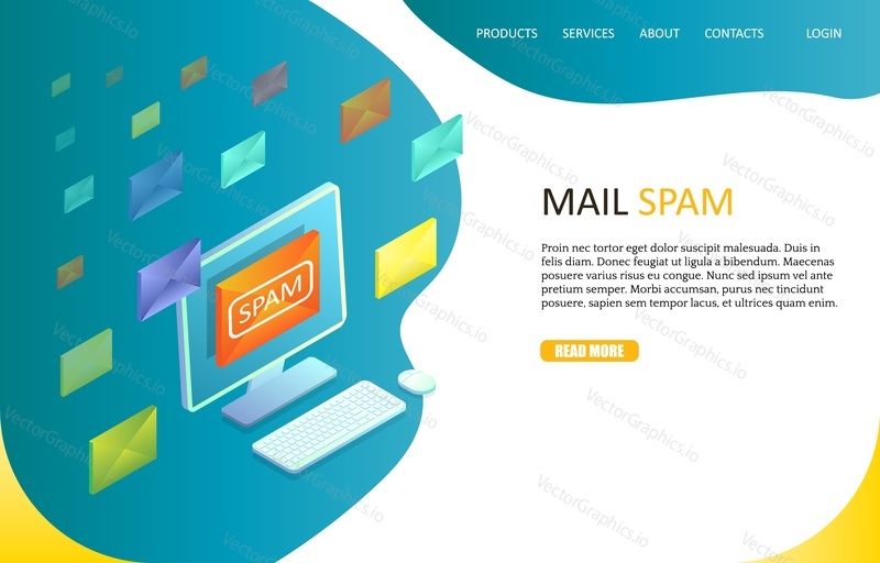 Mail spam landing page website template. Vector isometric desktop computer with spam email warning sign on screen. Junk email and spamming concept.