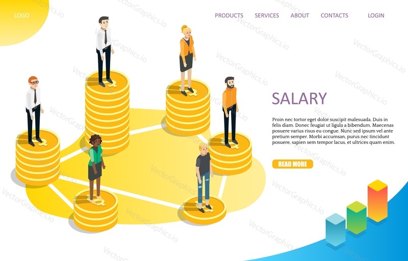 Salary landing page website template. Vector isometric business people standing on piles of dollar coins. Payroll, salary payment, differences in the amounts of wages.