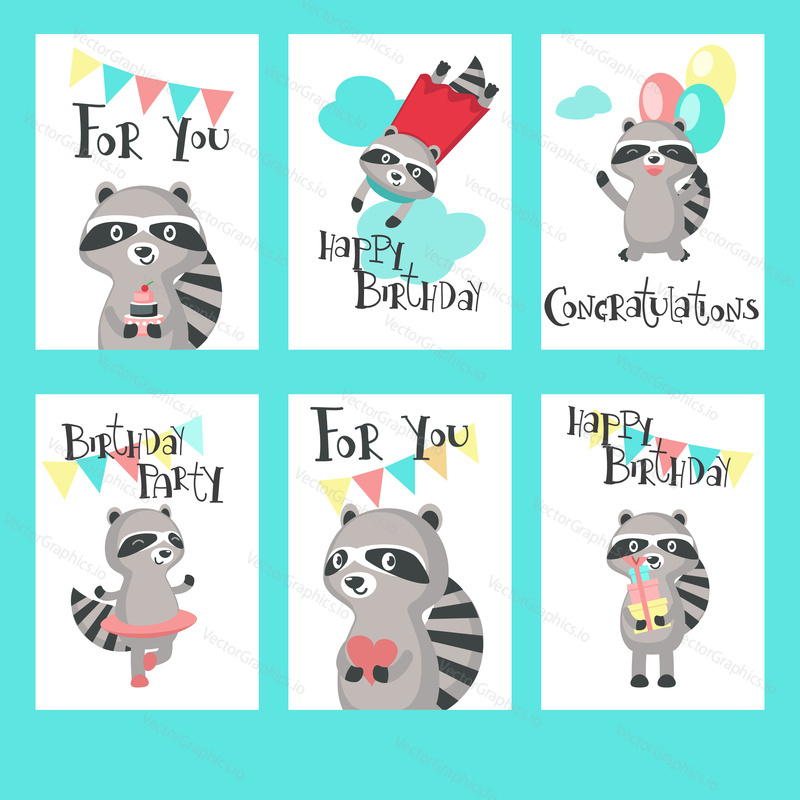Cute raccoon birthday cards. Happy birthday greeting card, invitation vector templates for kids with funny raccoons, balloons, gift boxes, cake, hearts, string flags and handwritten text.