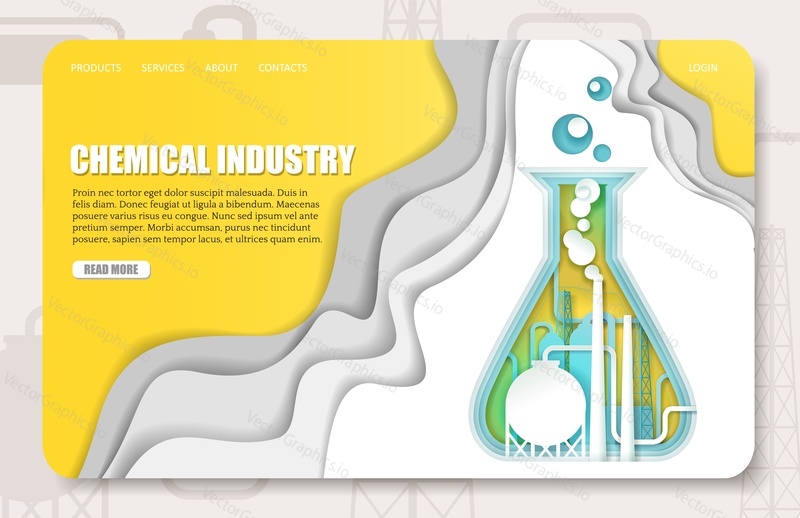 Шаблон веб-сайта целевой страницы химической промышленности. Векторная вырезанная из бумаги иллюстрация курительных трубок химического завода внутри лабораторной колбы.