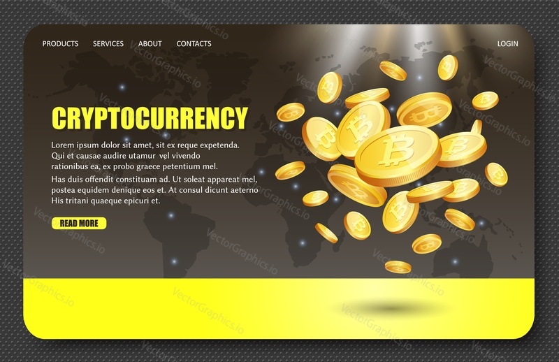 Шаблон веб-сайта целевой страницы криптовалюты. Векторная реалистичная иллюстрация золотых биткоинов, цифровой валюты для электронных платежей. Концепция технологии биткойн и блокчейн.