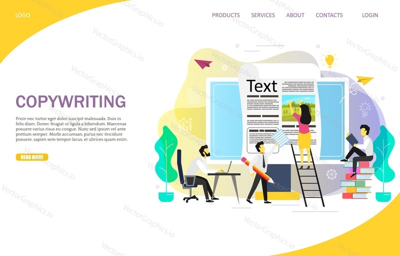 Copywriting landing page website template. Blogging concept vector illustration. Bloggers, freelancers, copywriters. Blog content, internet blogging service.