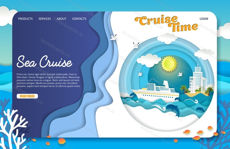 Шаблон веб-сайта целевой страницы морского круиза. Вырезанный из векторной бумаги круизный лайнер, плывущий по океанским волнам, дельфины, чайки, острова, туристические курорты. Морские путешествия, концепция времени круиза.