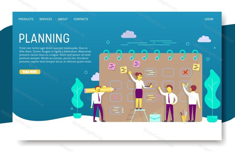 Planning landing page website template. Vector illustration of office people business team scheduling their daily routine work. Calendar with stickers, check marks. Planning schedule timeline concept.