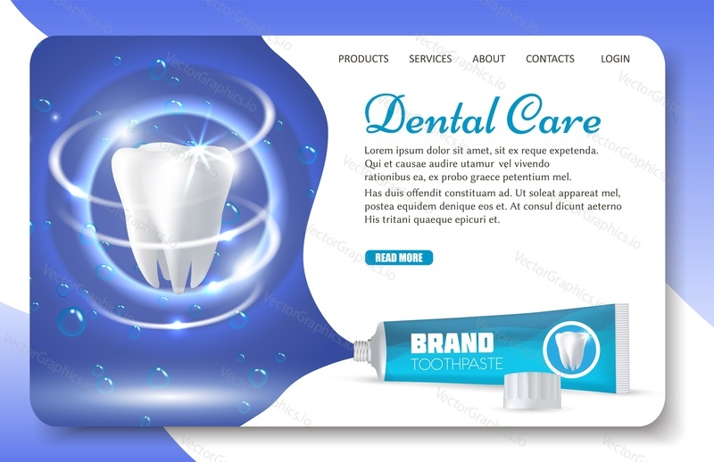 Dental care landing page website template. Vector realistic illustration. Oral healthcare, dental disease and treatment concept.
