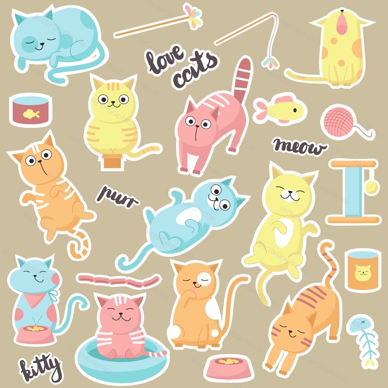 Cute cats stickers. Vector hand drawn illustration of happy love cats, kittens eating, licking, sleeping, meowing and playing.