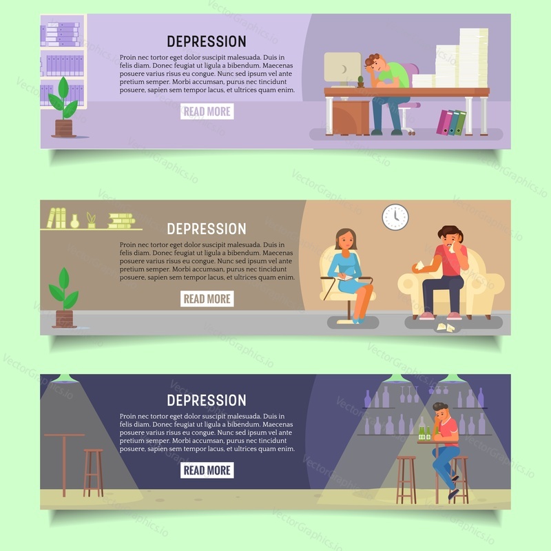 Depressed people web banner template set. Vector flat illustration of young people having emotional problems and suffering from depression.