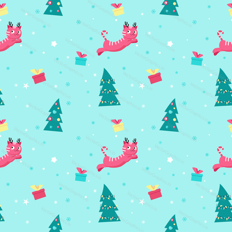 Векторный бесшовный узор с рождественскими елками, подарочными коробками и милой кошкой с повязкой из оленьих рогов на голове. Рождественские кошки фон, обои, ткань, оберточная бумага.