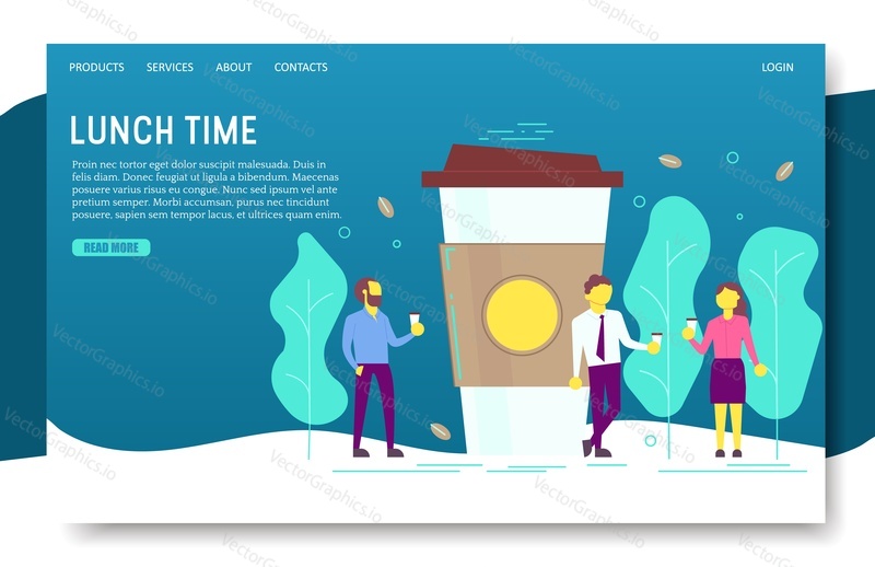 Lunch time landing page website template. Vector illustration of office workers colleagues drinking coffee next to big paper cup. Coffee break concept.
