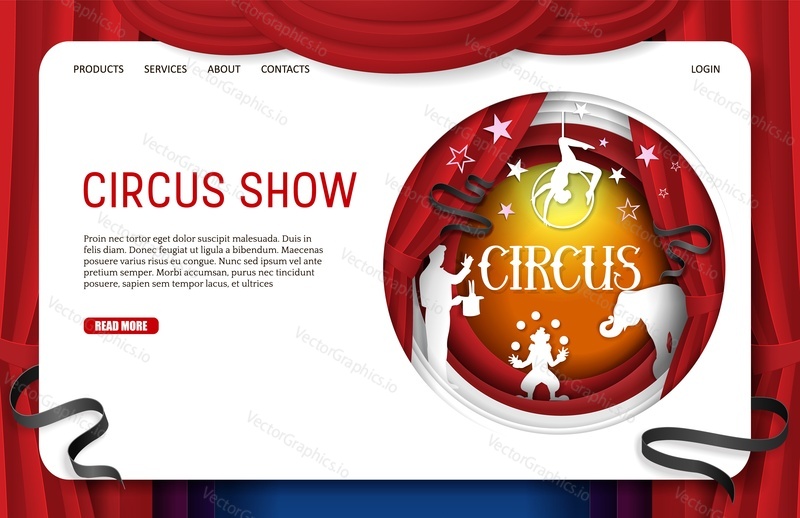 Circus show landing page website template. Vector paper cut circus arena with aerial acrobat, magician, trained elephant, clown juggler performing different tricks.