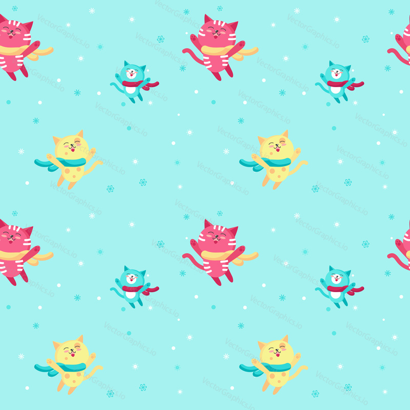 Vector seamless pattern with cute cats wearing warm scarves. Winter holidays background, wallpaper, fabric, wrapping paper.