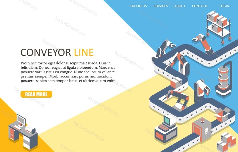 Conveyor line landing page website template. Vector isometric industrial automated production line with robotic arms. Automatic assembly factory.
