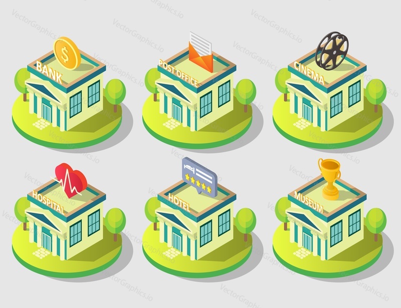 City public building icon set. Vector isometric bank, post office, cinema, hospital, hotel and museum buildings exterior view.
