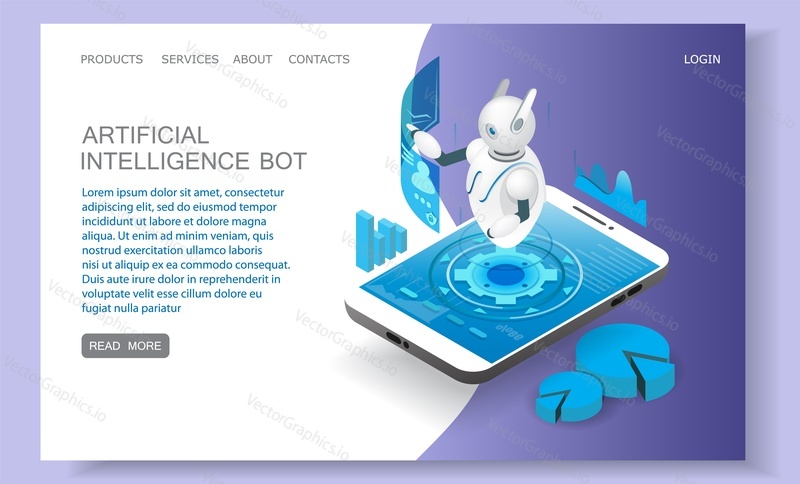 Artificial intelligence landing page website template. Vector isometric smartphone with chatbot personal assistant ai mobile apps. Robot virtual assistance concept.