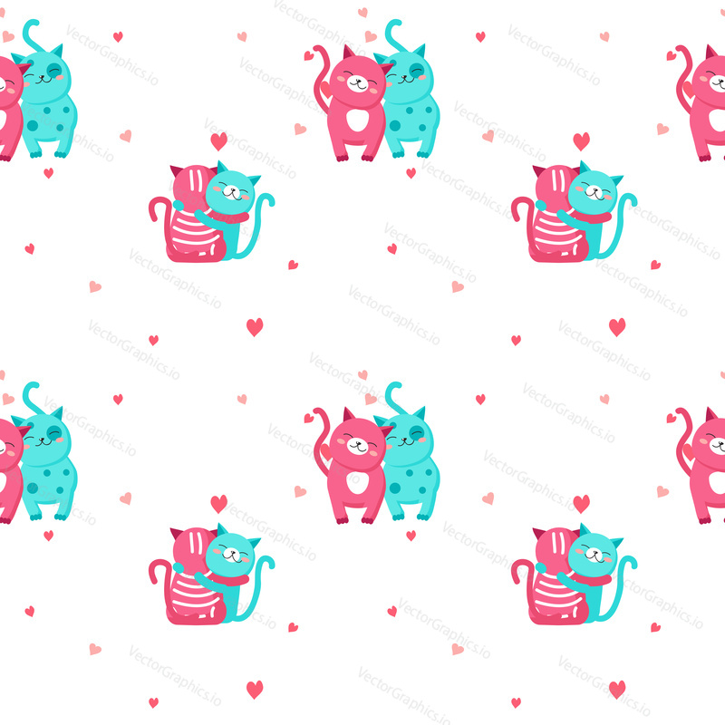 Vector seamless pattern with cute couple of cats in love. Happy romantic hugging kittens with hearts background, wallpaper, fabric, wrapping paper.