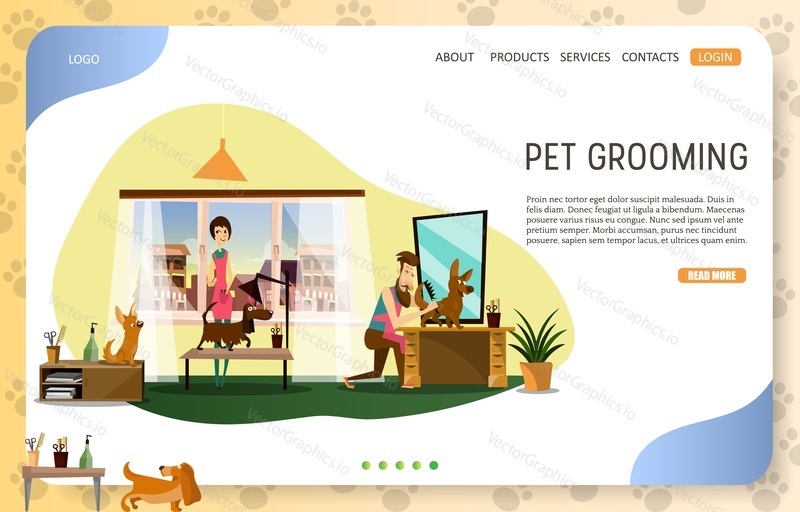 Pet grooming landing page website template. Vector flat illustration of pet groomers providing dog grooming services. Dog haircut. Barber pet salon.