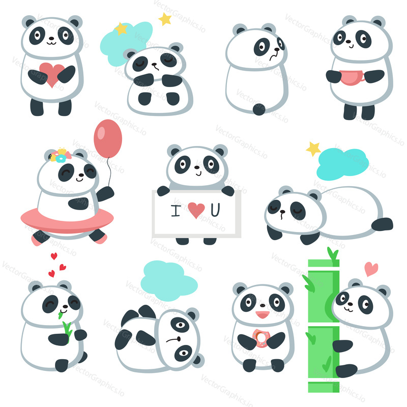 Cute panda icon set for greeting card, invitation, poster, sticker, print. Vector isolated illustration of funny cartoon characters with heart, balloon, cup of coffee, bamboo etc.