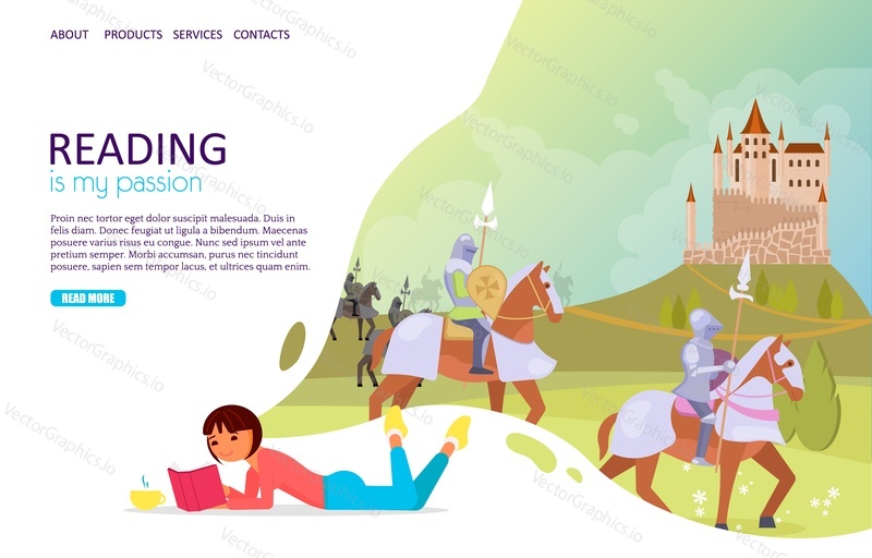 Reading books landing page website template. Vector illustration of cute girl reading book about medieval age knights, castles. Reading is my passion lettering. Education concept.